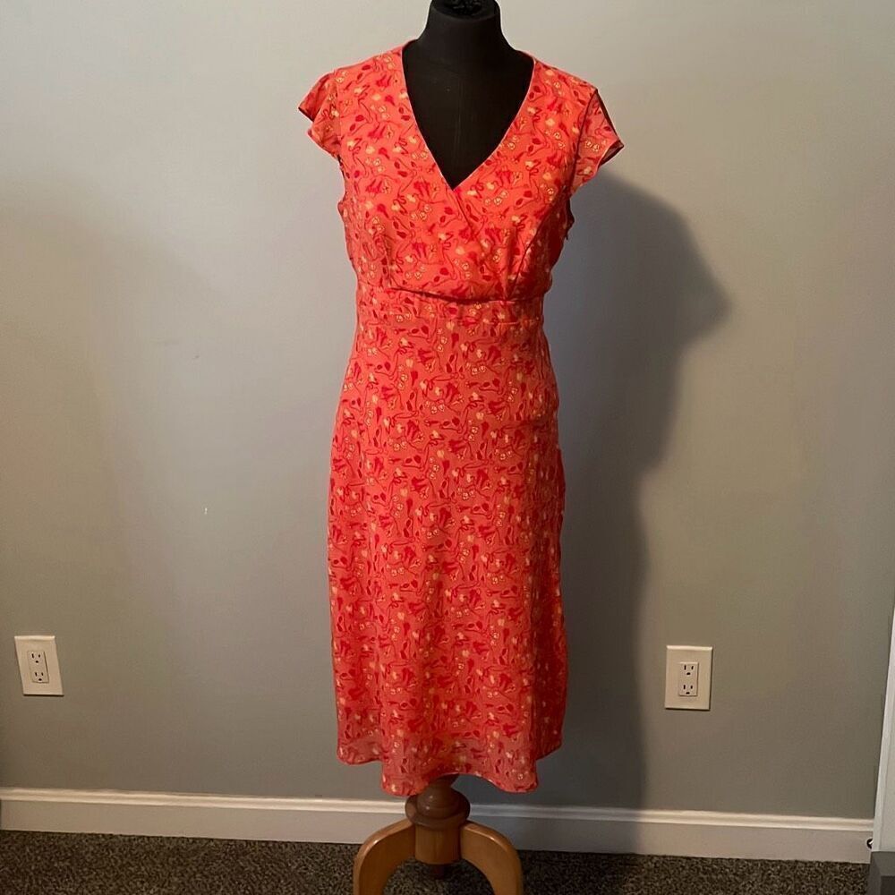 Ombre Womens Floral Ruffle Surplice Shift Midi Dress Orange Size 10